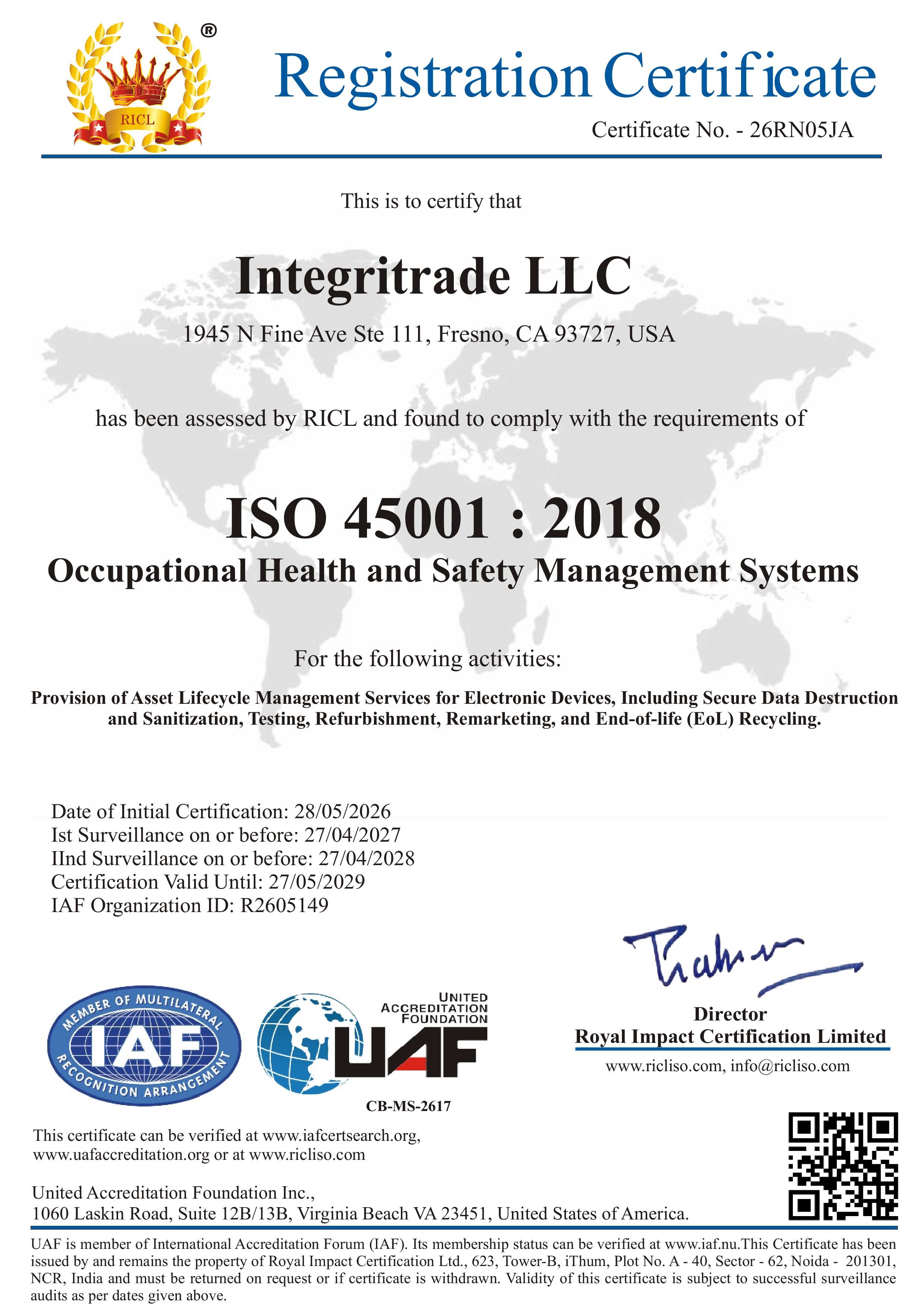 Royal Impact Certification Ltd. ISO 45001 Certificate